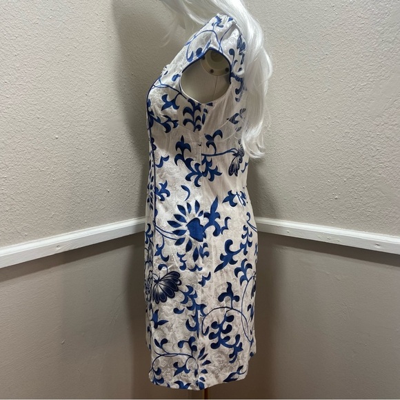 Chinese Qipao Cheongsam Floral Sequin Midi Dress Blue White Size Medium - Picture 6 of 10